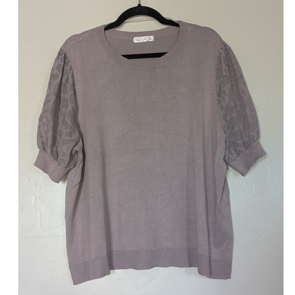 89th & Madison Women Plus‎ Purple Gray Knit Top Sheer Bishop Sleeve Blouse 2X